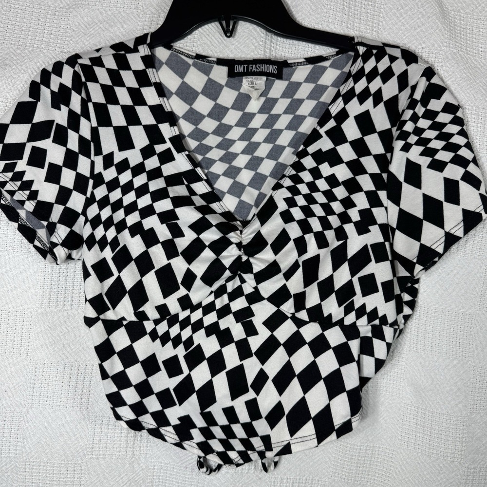 OMT Fashion Women's Black White Plaid Skater Crop Top Shirt Tie Back Size Large